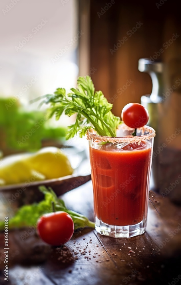 Diy Bloody Mary cocktail on home kitchen bar as background created with Generative AI technology Diy Bloody Mary cocktail on home kitchen bar as background created with Generative AI technology