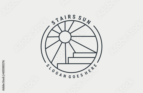 stairs sun logo vector icon illustration hipster vintage retro .