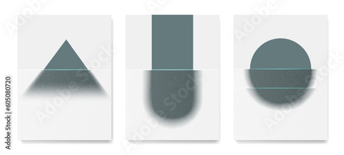 Modern art background with blurred geometric objects behind glass with grain texture. Vector set of posters for decor, print, textile, wallpaper, banner, interior design.