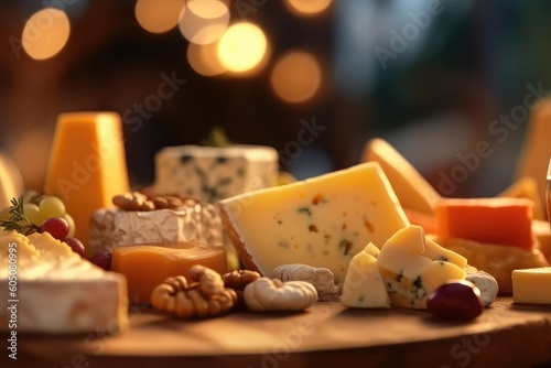 Various cheeses on a plate in a close-up shot, macro shot - made with generative AI tools