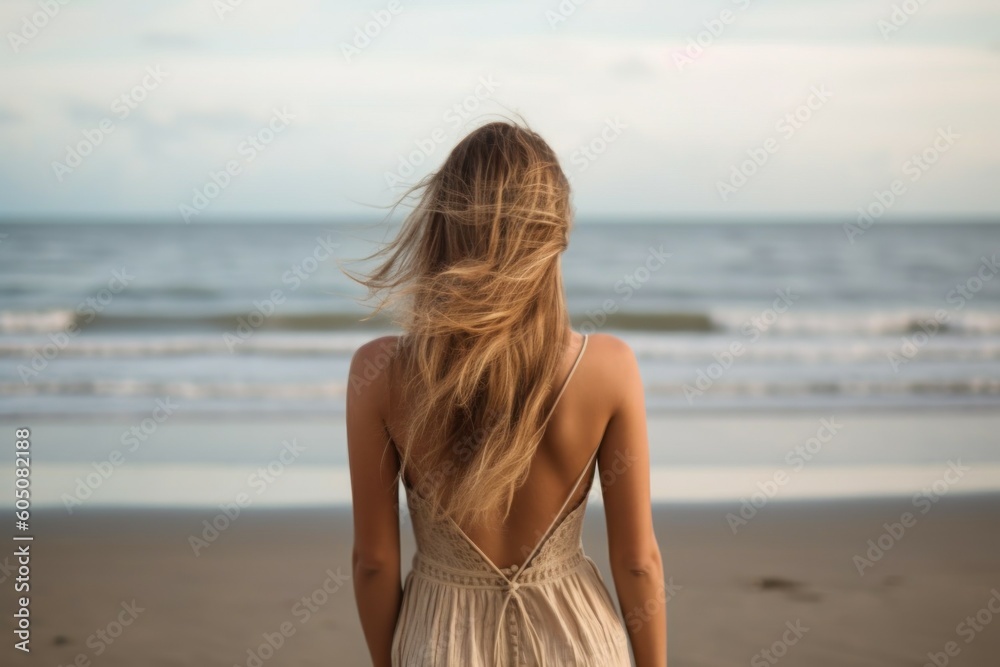 Woman on the beach near the sea, view from the back. Travel concept. AI generated, human enhanced Woman on the beach near the sea, view from the back. Travel concept. AI generated, human enhanced
