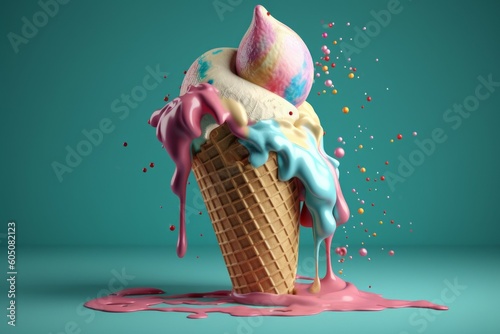 Melting ice cream cone. Cooling dessert pleasure concept. AI generated, human enhanced
