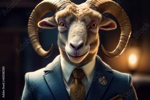 Anthropomorphic ram dressed in a suit like a businessman. Business Concept. AI generated, human enhanced