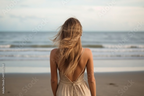 Woman on the beach near the sea, view from the back. Travel concept. AI generated, human enhanced © top images