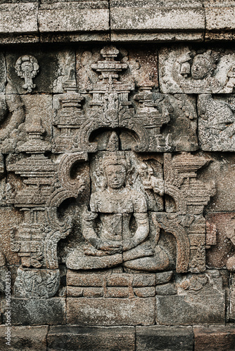 Magelang, Indonesia - 23 May 2023Detail of Reliefs Borobudur Temple in Magelang, Central Java, Indonesia. This Temple is one of favourite tourism areas in Magelang or around Yogyakarta