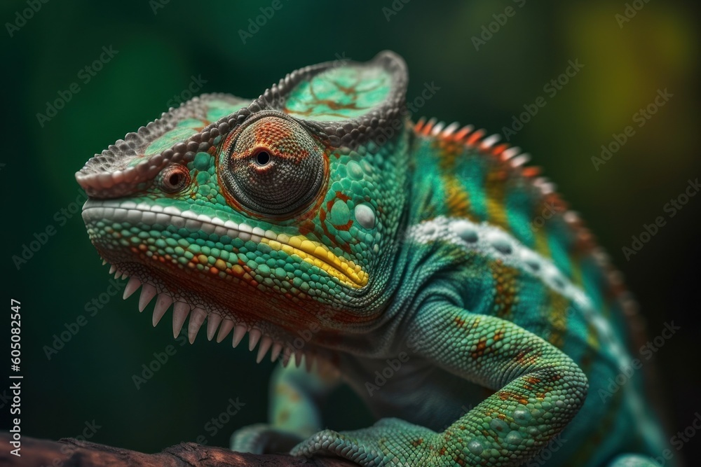 Green colored chameleon close up. AI generated, human enhanced