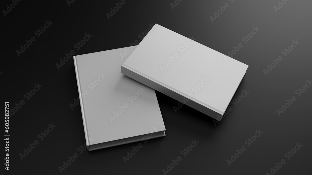 Hardcover book template, two blank gray books on black background for design purposes, 3d rendering Hardcover book template, two blank gray books on black background for design purposes, 3d rendering