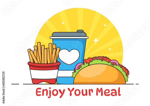 Enjoy Your Meal Vector Illustration a Variety of Delicious Food in Home or Restaurant in Flat Cartoon Hand Drawn Landing Page Background Templates