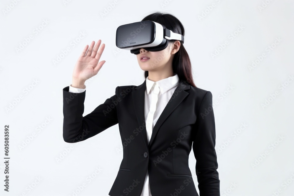 Business woman wearing virtual reality glasses. VR concept. AI generated, human enhanced