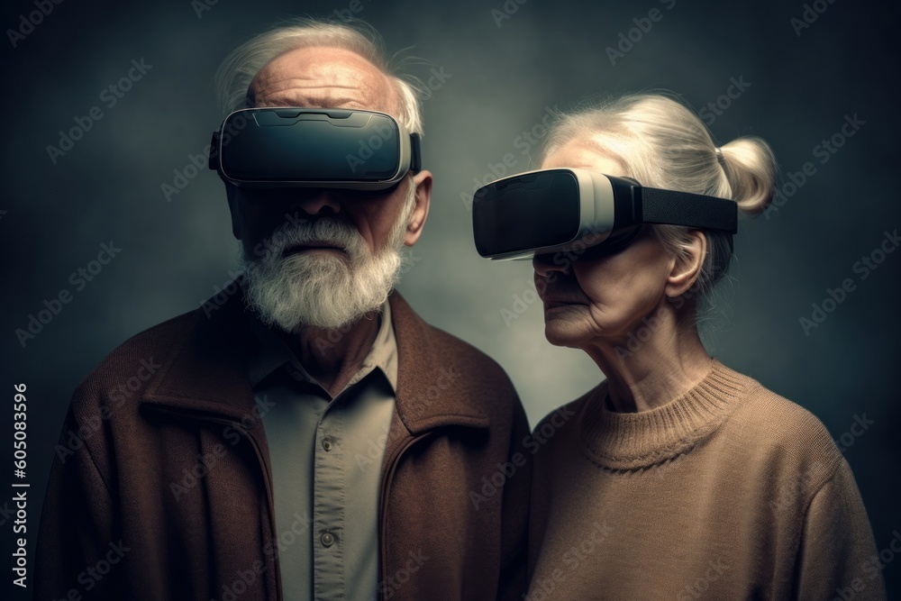 A couple of elderly people wearing virtual reality glasses. VR concept. AI generated, human enhanced A couple of elderly people wearing virtual reality glasses. VR concept. AI generated, human enhanced