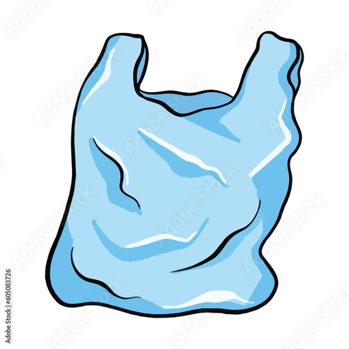 Blue Plastic bag vector illustration isolated on square white background. Simple flat drawing with outlined cartoon art style.