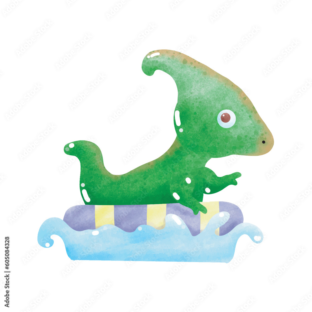 Fototapeta premium Cute Dinosaur baby wear rubber ring swimming in the sea. element watercolor style on white background vector illustration