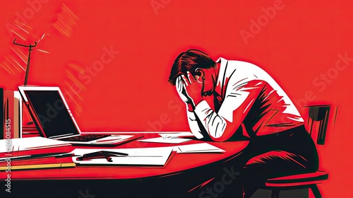 Illustration of a businessman stressed out at work. Depicting concept of struggling with mental health and/or addiction.