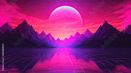 Illustration of bright sun on the horizon behind mountains in a vaporwave art style