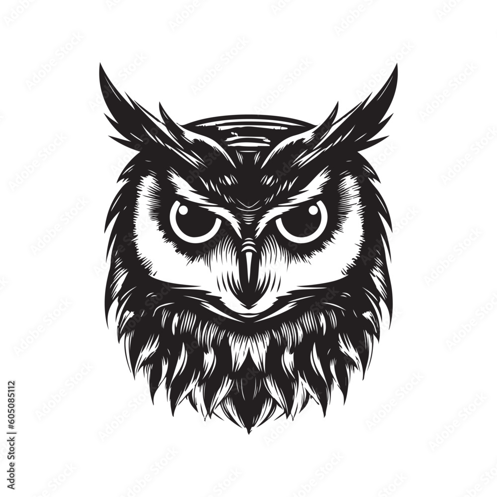 owl, vintage logo line art concept black and white color, hand drawn illustration