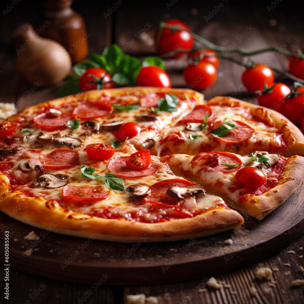 picture of pizza on a wooden table