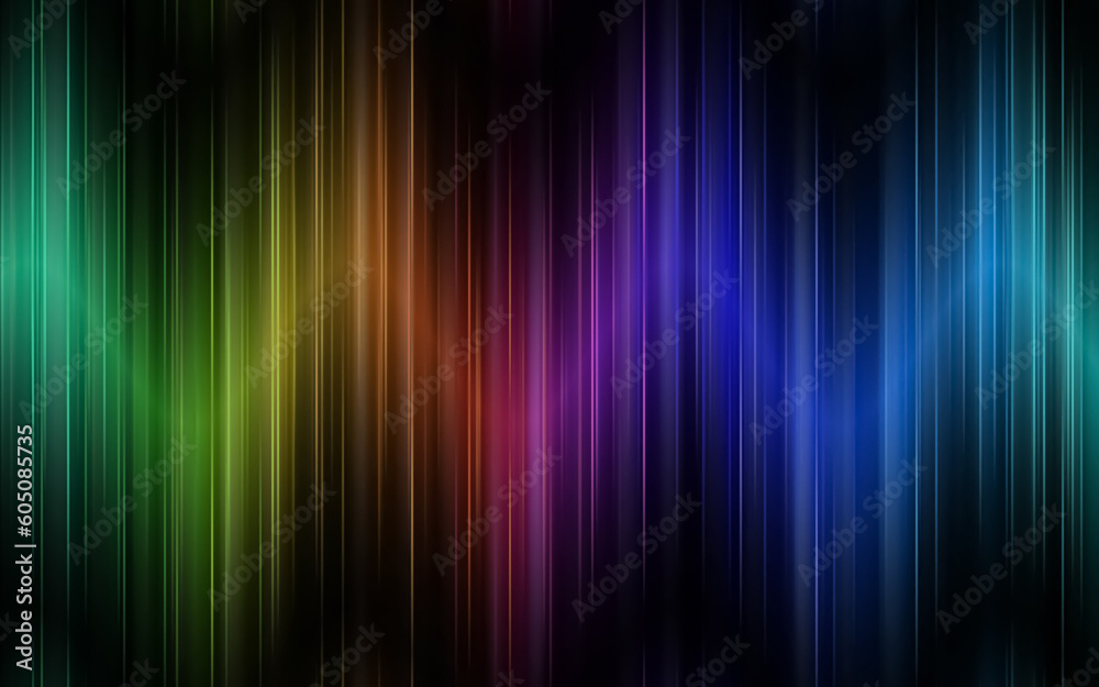 Illustration of vibrant vertical wavy colored rays with effects on a black background