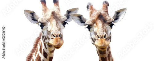 a Giraffe portrait with one or two Giraffe's front view, wildlife-themed, photorealistic illustrations on a transparent background cutout in PNG. generative ai