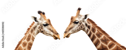 a Giraffe portrait with two Giraffes face-to-face,  wildlife-themed, photorealistic illustrations on a transparent background cutout in PNG. Generative ai