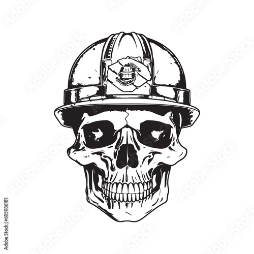 skull of worker wearing hard hat, vintage logo line art concept black and white color, hand drawn illustration