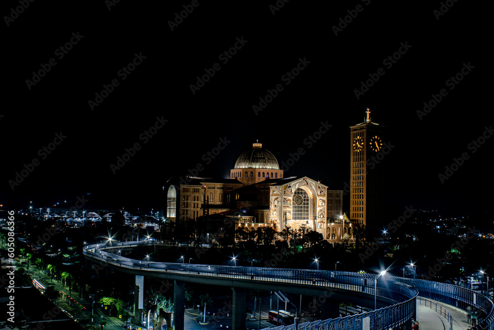 Night view of the Basilica of Nossa Senhora Aparecida - Catholic cathedral of Aparecida seen at night.