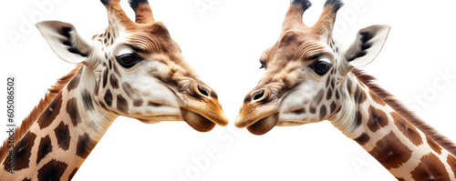 a Giraffe portrait with two Giraffes face-to-face, wildlife-themed, photorealistic illustrations on a transparent background cutout in PNG. Generative ai