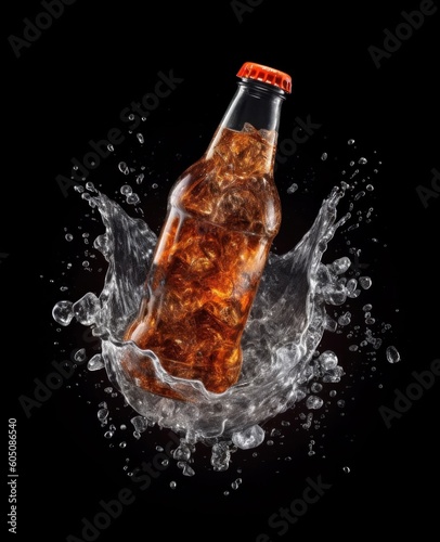 AI-image classic soda bottle in the air with ice cubes black background