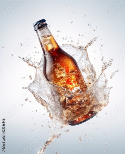 AI-image classic soda bottle in the air with ice cubes white background