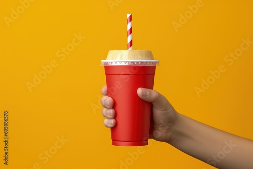 Hand holding red cup with soda and drinking straw on yellow background, Generative AI photo