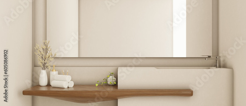 Fotografija Interior design of a modern minimal bathroom vanity top in white and wood style
