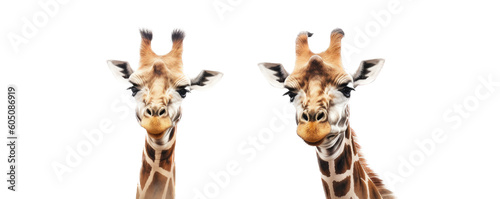 a Giraffe portrait with one or two Giraffe's front view,  wildlife-themed, photorealistic illustrations on a transparent background cutout in PNG. generative ai