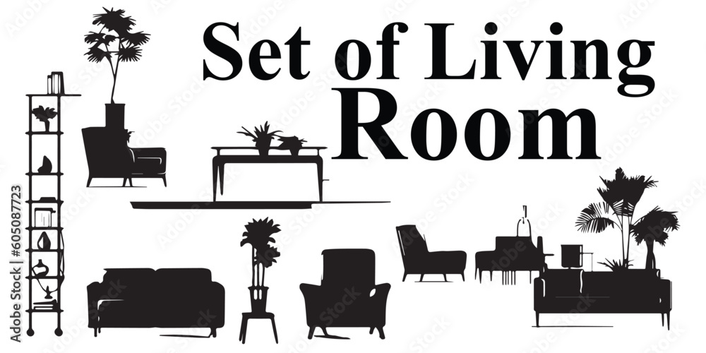 A set of living rooms with a black background vector illustration.