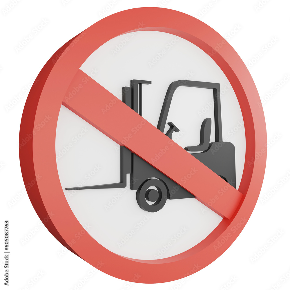 3D render no forklift sign icon isolated on transparent background, red mandatory sign