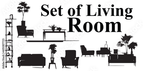 A set of living rooms with a black background vector illustration.