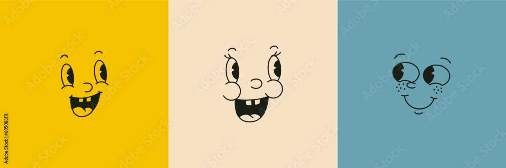Retro Cartoon Characters Funny Faces in 30s Mascot Style. Vector Old Illustration Part Of Face - Eyes, Nose and Mouths. Retro Cartoon Characters Funny Faces in 30s Mascot Style. Vector Old Illustration Part Of Face - Eyes, Nose and Mouths.