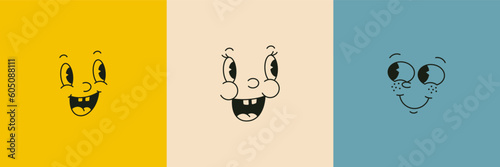 Retro Cartoon Characters Funny Faces in 30s Mascot Style. Vector Old Illustration Part Of Face - Eyes, Nose and Mouths.