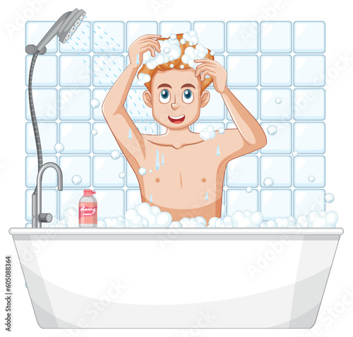 A male teen taking a bath