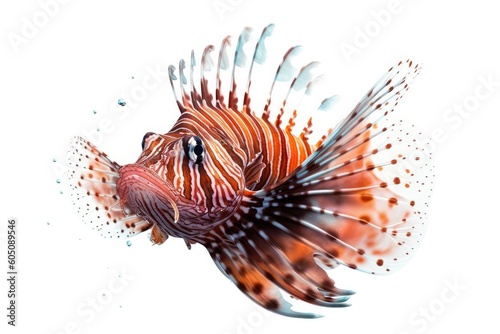 a Lionfish, full body, side view, as a Horizontal background, in an Aquatic-themed, of photorealistic illustration in JPG. Generative ai