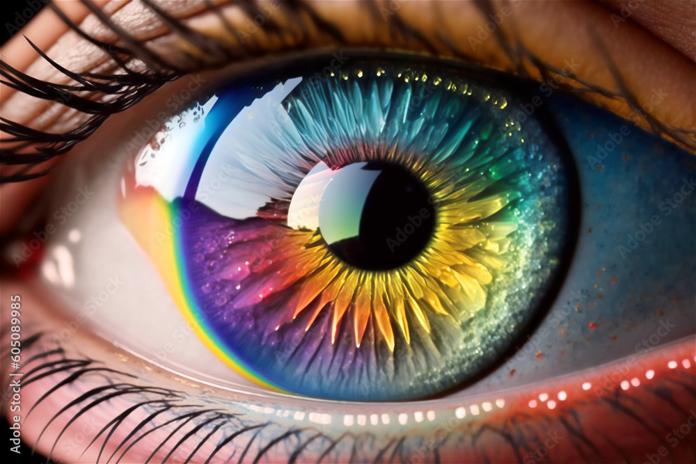 Rainbow Eyeball Closeup, Colorful Iris Human Eye in Multicolor, Generative Art
