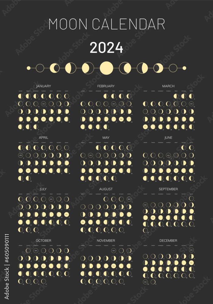 2024 year moon calendar template, lunar monthly cycle planner 