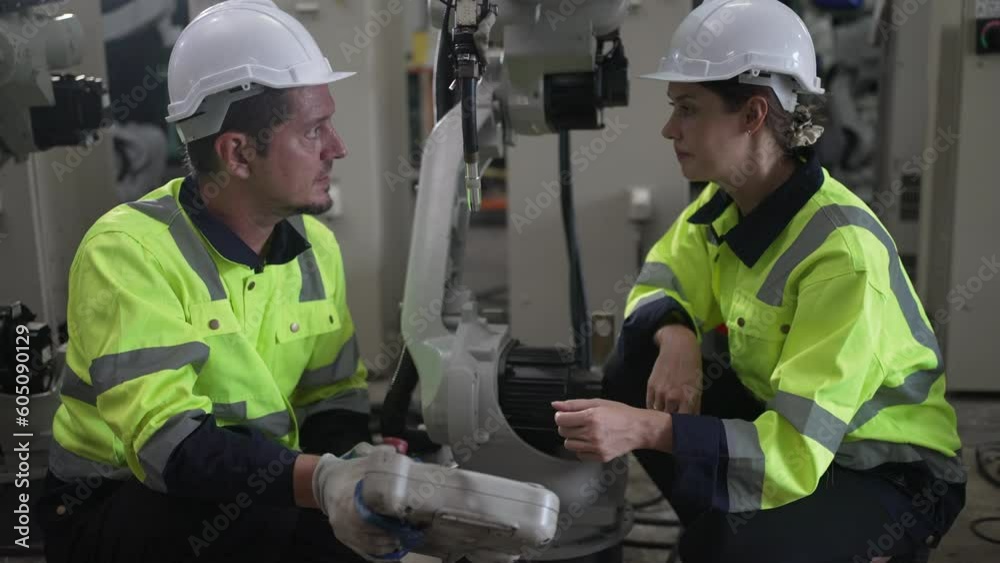 Engineer work at robotic arm factory. Engineer work at robotic arm factory.