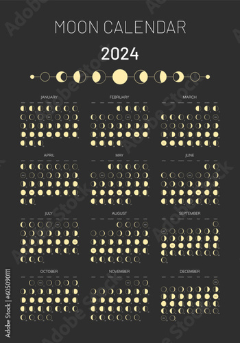 2024 year moon calendar template, lunar monthly cycle planner. Astrology, astronomical moonlight activity stages, whole cycle from new to full moon calendar banner, card vector illustration