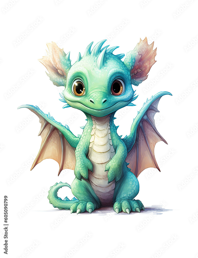 Fototapeta premium Adorable Baby Dragon, Pastel Colors, Nursery, Children's Wall Art, Whimsical, Cute. Generative AI