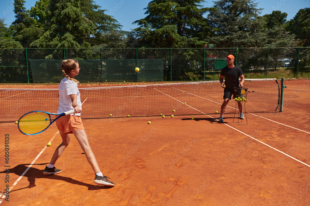 A professional tennis player and her coach training on a sunny day at the tennis court. Training and preparation of a professional tennis player