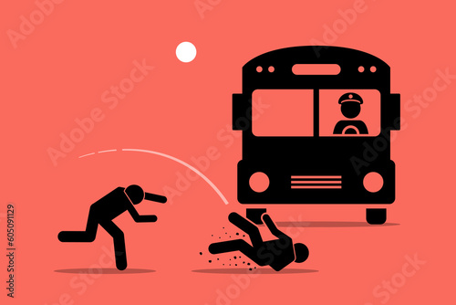 Throw someone under the bus. Vector illustrations clip art depicts concept of betrayal, sacrificial, exploitation, blame, undermine, vilify, and scapegoat.
