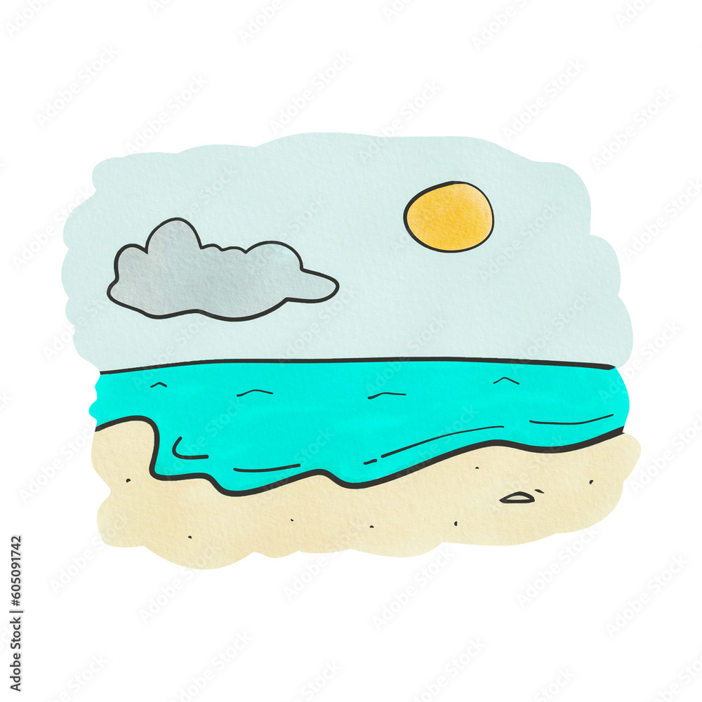 Summer beach watercolor painting isolated on white background. Tropical sea landscape doodle.
