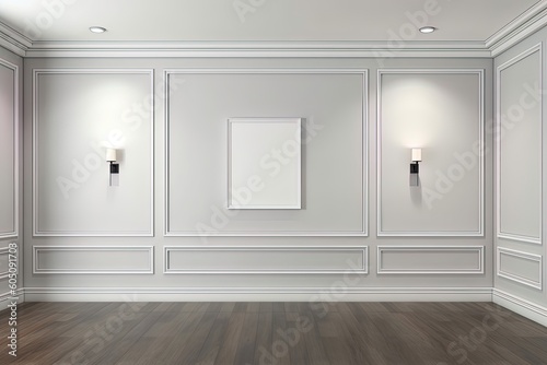 Empty picture frame in modern and contemporary living room with wainscoting using generative AI photo