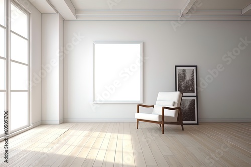 Blank picture frame in contemporary living room using generative AI