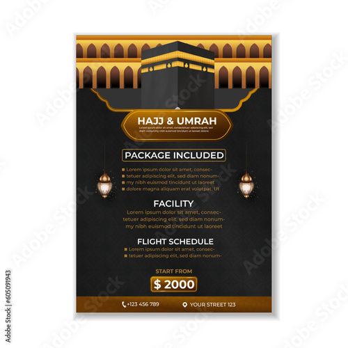 Tour Hajj and Umrah brochure Template Vector Design With realistic kaaba for Islamic background, flyer, banner