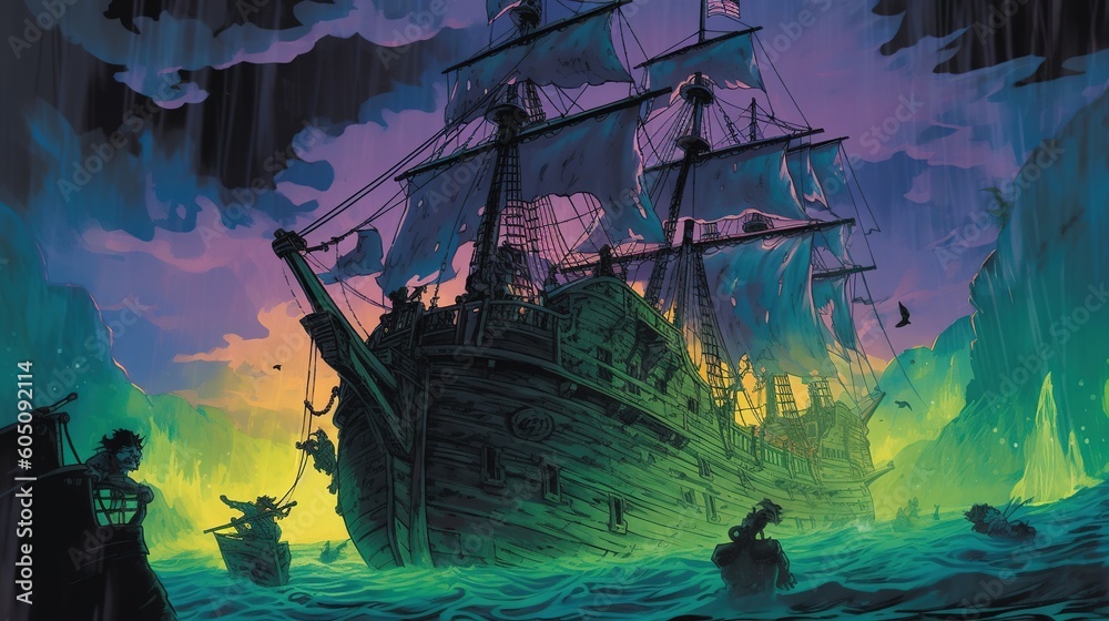 A horror scene set in a ghost ship with a cursed treasure and undead pirates. Fantasy concept , Illustration painting. Generative AI